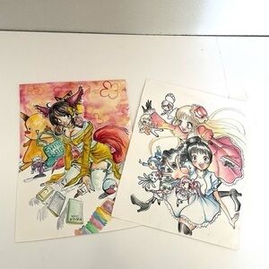 ANIMEE Watercolor/color pencil hand painted expression artwork set of 2 painting